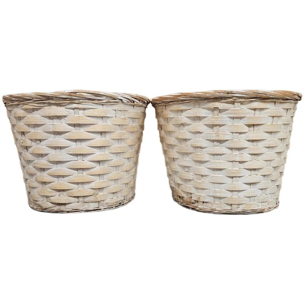 Set of 2 Rustic White‎ Wash Woven Baskets Plant Pot Cover Storage Containers